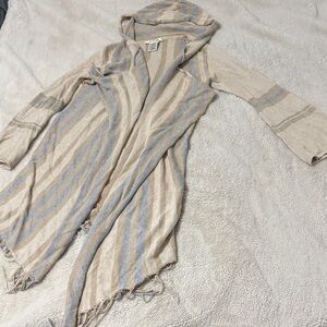 Striped Hooded Poncho Fringe Cardigan Sweater - M